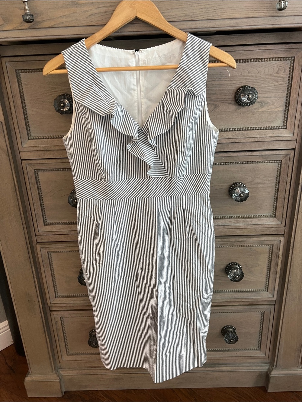 ANTONIO MELANI Navy Blue & White Striped Ruffle V-Neck Midi Sheath